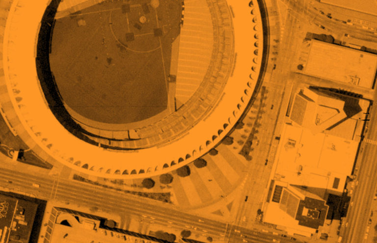 Historical aerial image of a baseball field